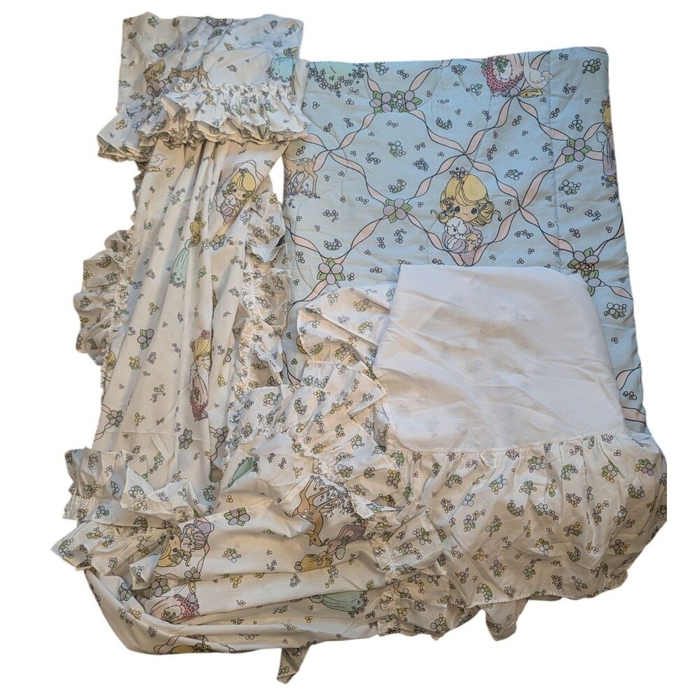 Vintage Precious Moments Girls Nursery Set Twin Comforter/Bed Skirt/Curtains